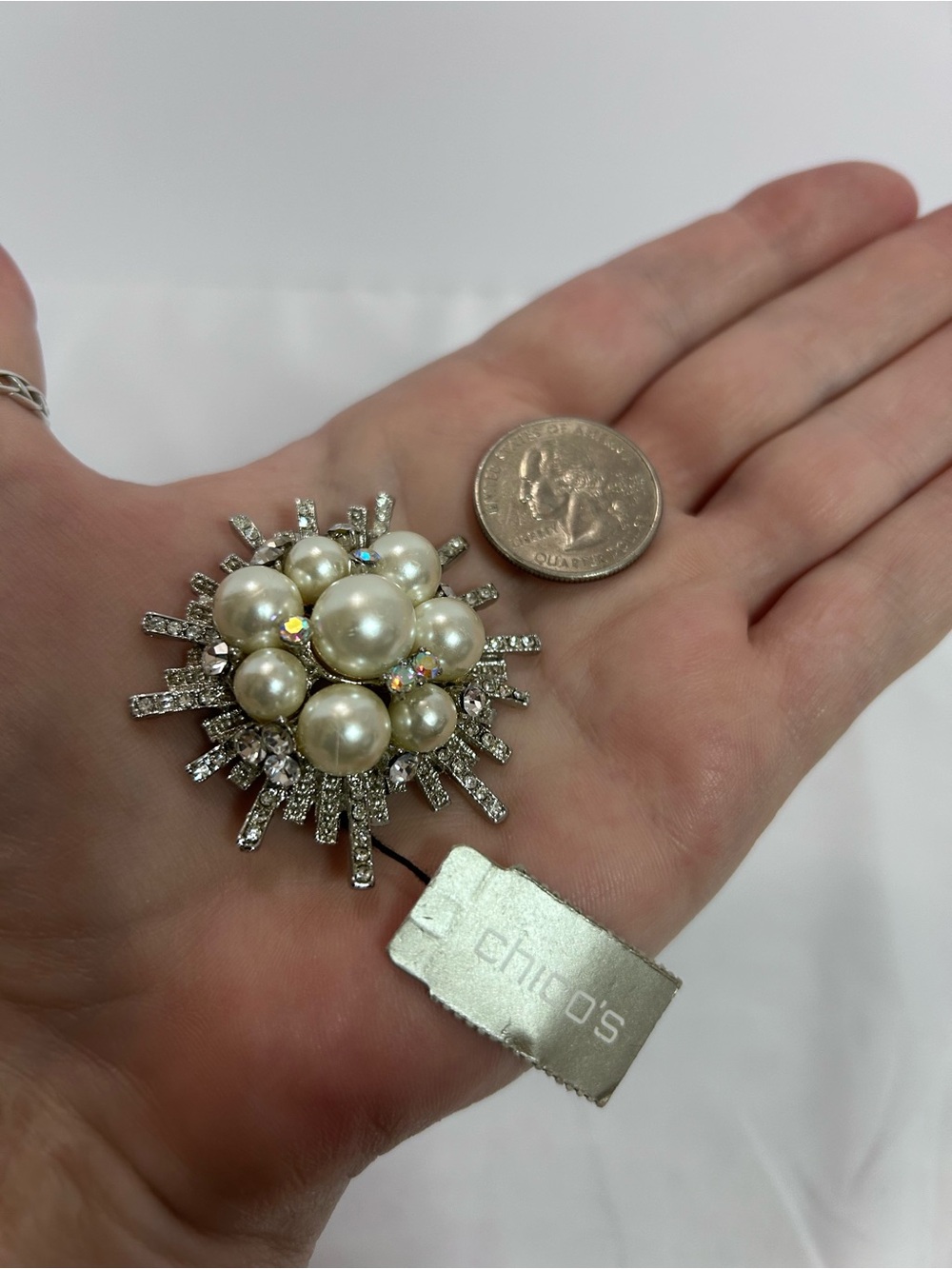 Chico's Pearl & Crystal Sunburst Brooch - Ivory and Silver